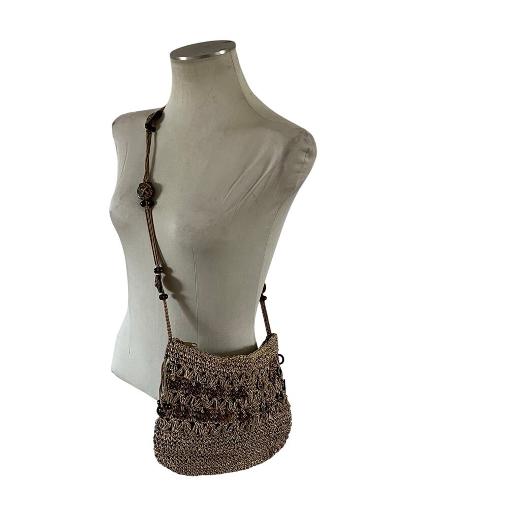Woven Seagrass Wooden Beaded Crossbody Purse Bag Boho Tan Brown Beach Vacation